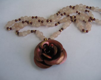 Rose necklace, painted metal with glass beads, 32 inches long pink, gold and burgundy bead chain