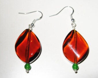 Amber dangle earrings with green bead, drop earrings