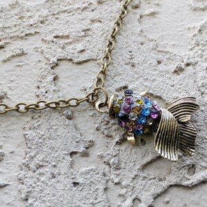 Multi color rhinestone fish necklace, beach necklace, fish charm pendant