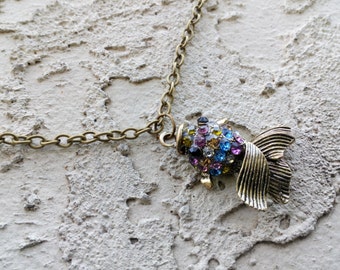 Multi color rhinestone fish necklace, beach necklace, fish charm pendant