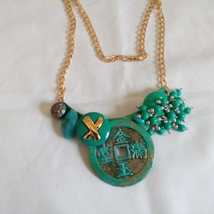Aqua green blue necklace, recycled vintage earrings statement necklace, assemblage necklace, Asian coin feature