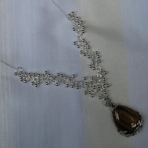 Gemstone necklsce, Tiger eye gemstone pendant, 14 inch sterling chain, silver beads