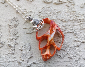 Orange sliced shell pendant with silver fish charm, shell pendant, shell necklace, beach jewelry