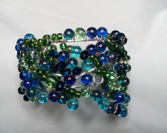 Blue wire wrapped cuff bracelet, hundreds of blue green purple beads on hand crafted cuff bracelet, free form beaded bracelet