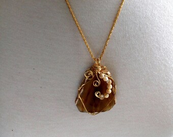 Wire Wrapped Sliced Agate Pendant, Golden Agate, Glass Beads, Brass Chain