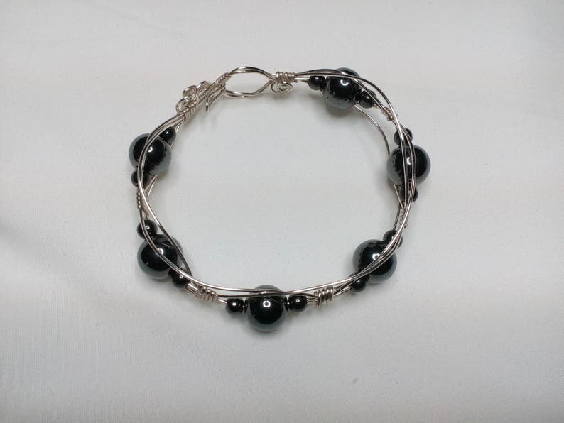 Wire Wrapped Silver Bracelet With Black Glass Beads - Etsy