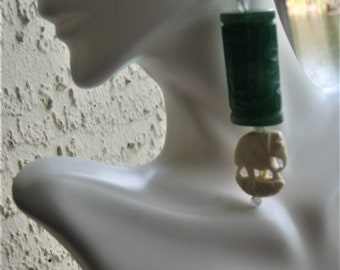 Carved glass jade and elephant earrings, traditional Asian look. Recycled components.