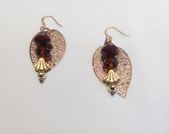 Filigree leaf and faceted bead drop earrings, dangle earrings, bronze bead earrings