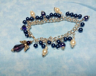 Angel charm bracelet, blue and pearl bracelet