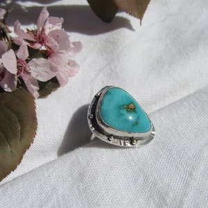 Handmade Oxidized Sterling Silver and Nevada Fox Mine Turquoise Ring Size 6.5
