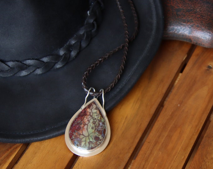 Spider Web Jasper Pendant Handcrafted Sterling Silver and Jasper Pendant on Black Leather Cord