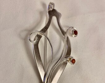 Urn Series Shawl Sweater Pin Fibula  Urn 2 Handcrafted Sterling Silver with Natural Stone Cabochon