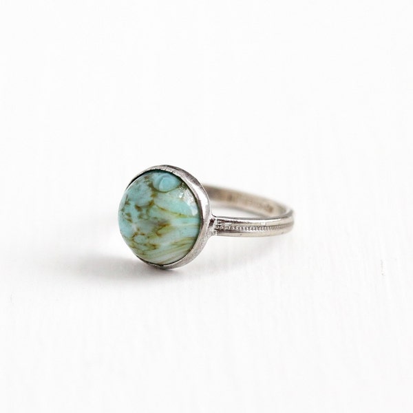 Sale - Vintage Sterling Silver Art Deco Simulated Turquoise Cabochon Ring - 1930s Size 3 1/2 Teal Blue Glass Stone Uncas Pinky Ring Jewelry