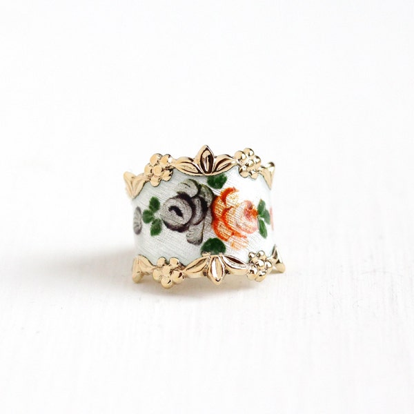 Vintage Sterling Silver White Guilloche Flower Enamel Ring - Retro Size 4 1/2 Gold Washed Vermeil Vargas Floral Rose Cigar Band Jewelry