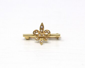 Sale - Fleur De Lis Brooch - Edwardian 14k Yellow Gold Seed Pearl French Lily Lapel Pin - Antique Circa 1910s Era Fashion Accessory Jewelry