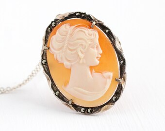 Vintage Cameo Necklace - Art Deco 800 Silver Marcasite Carved Shell Pendant - 1920s Woman Silhouette Classic Oval Elegant Brooch Pin Jewelry