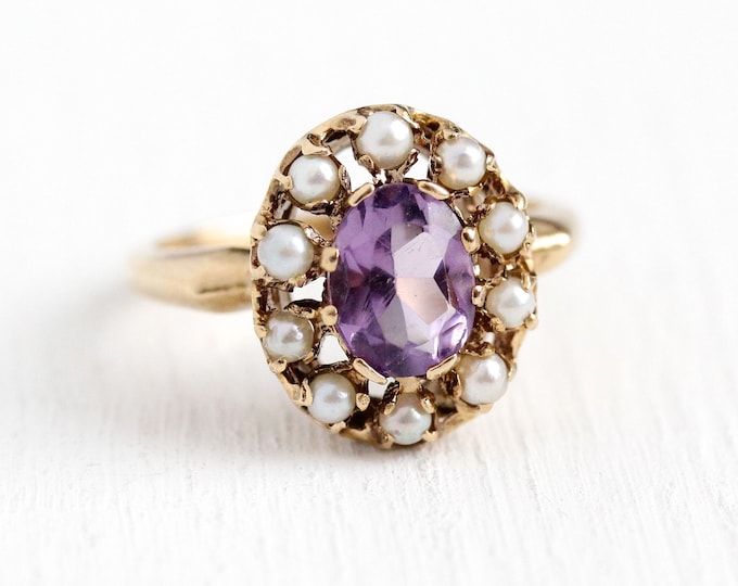 Sale - Genuine Amethyst Ring - Vintage 10k Rosy Yellow Gold 1.05 CT Seed Pearl Halo - Size 6 Art Deco 1940s Purple Gemstone February Jewelry