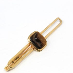 Vintage Tie Bar - Retro 12k Gold Filled & Carved Tiger&#39;s Eye Genuine Gemstone - Circa 1960s Era Unisex Fashion Accessory Wedding Jewelry