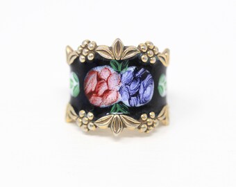 Vintage Flower Band - Retro Sterling Silver Black Green Enamel Ring - Circa 1960s Era Size 5 1/4 Pink Purple Vargas Vermeil Jewelry