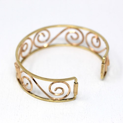Vintage Cuff shops Bracelet - Retro Yellow & Rose Gold Filled Two Tone Open Metal Designs - Circa 1940s Era Signed Krementz Statement 40s Jewelry