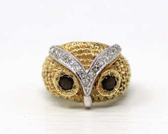 Vintage Owl Ring - Retro 14k Yellow Gold Black Star Sapphire Eyes - Circa 1960s Era Size 5 1/2 Diamonds Statement Cocktail Fine 60s Jewelry