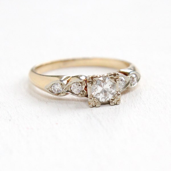 Vintage 14K Yellow & White Gold 1/4 Carat Diamond Ring - Size 7 1940s Art Deco Fine Engagement Jewelry