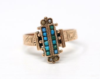 Antique Turquoise Ring - 10k Rose Gold Victorian Late 1800s Size 6 1/4 - Blue Gemstone Cabochon Fine Seed Pearl Vintage Fine Jewelry