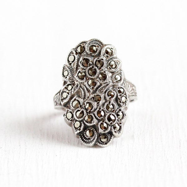 Sale - Vintage Marcasite Ring - Sterling Silver Late Art Deco Shield Cocktail Ring - 1940s Size 5 3/4 Milgrain Stud Design Sparkly Jewelry