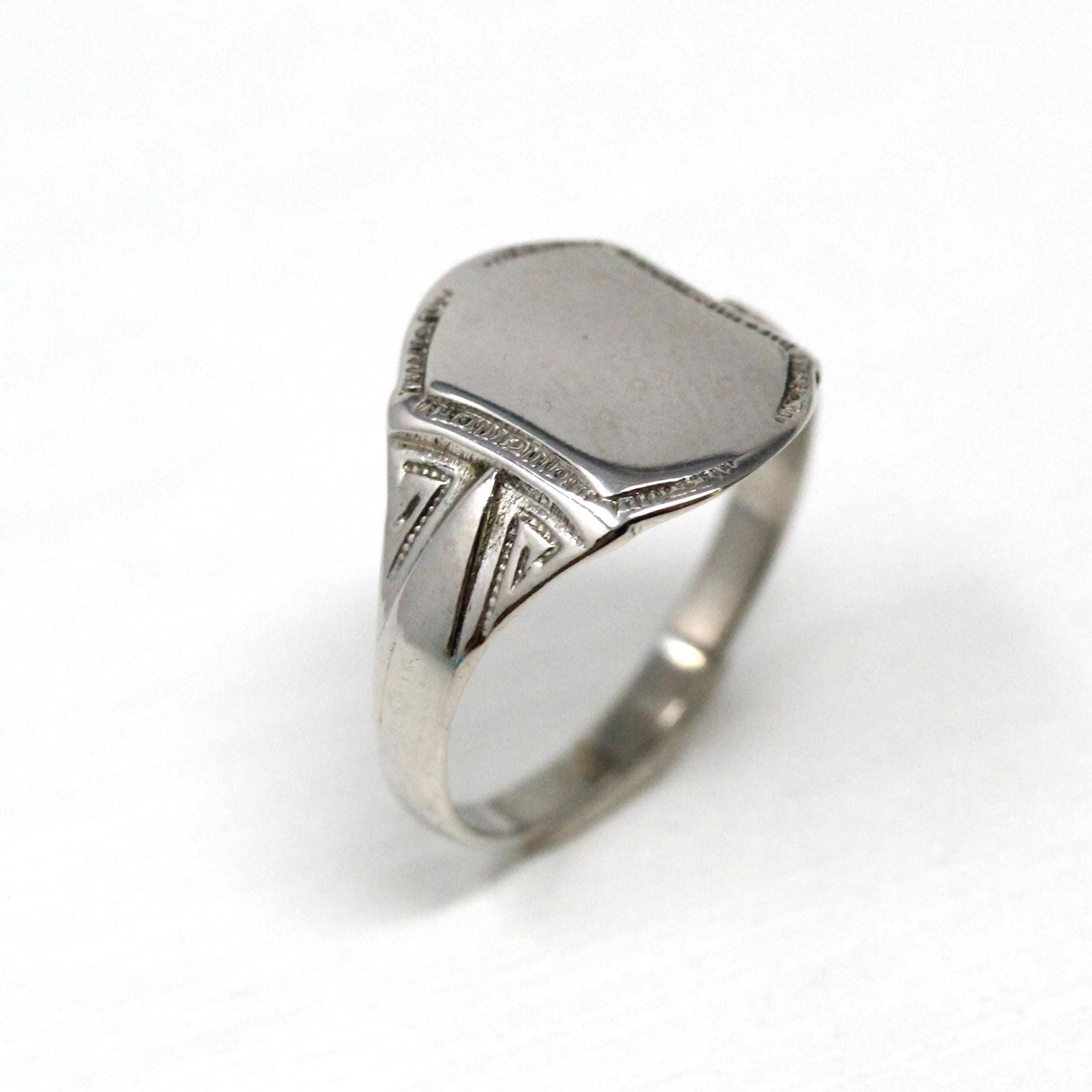 Blank Signet Ring - Art Deco 10k White Gold Shield Personalize Engrave Initials - Vintage Circa 1930s Era Size 5 1/2 Letters Fine Jewelry
