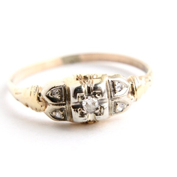 RESERVED for Aleta - Down Payment - Vintage 14K Yellow & White Gold Diamond Ring - Art Deco 1930s Engagement Fine Jewelry / Five Diamonds