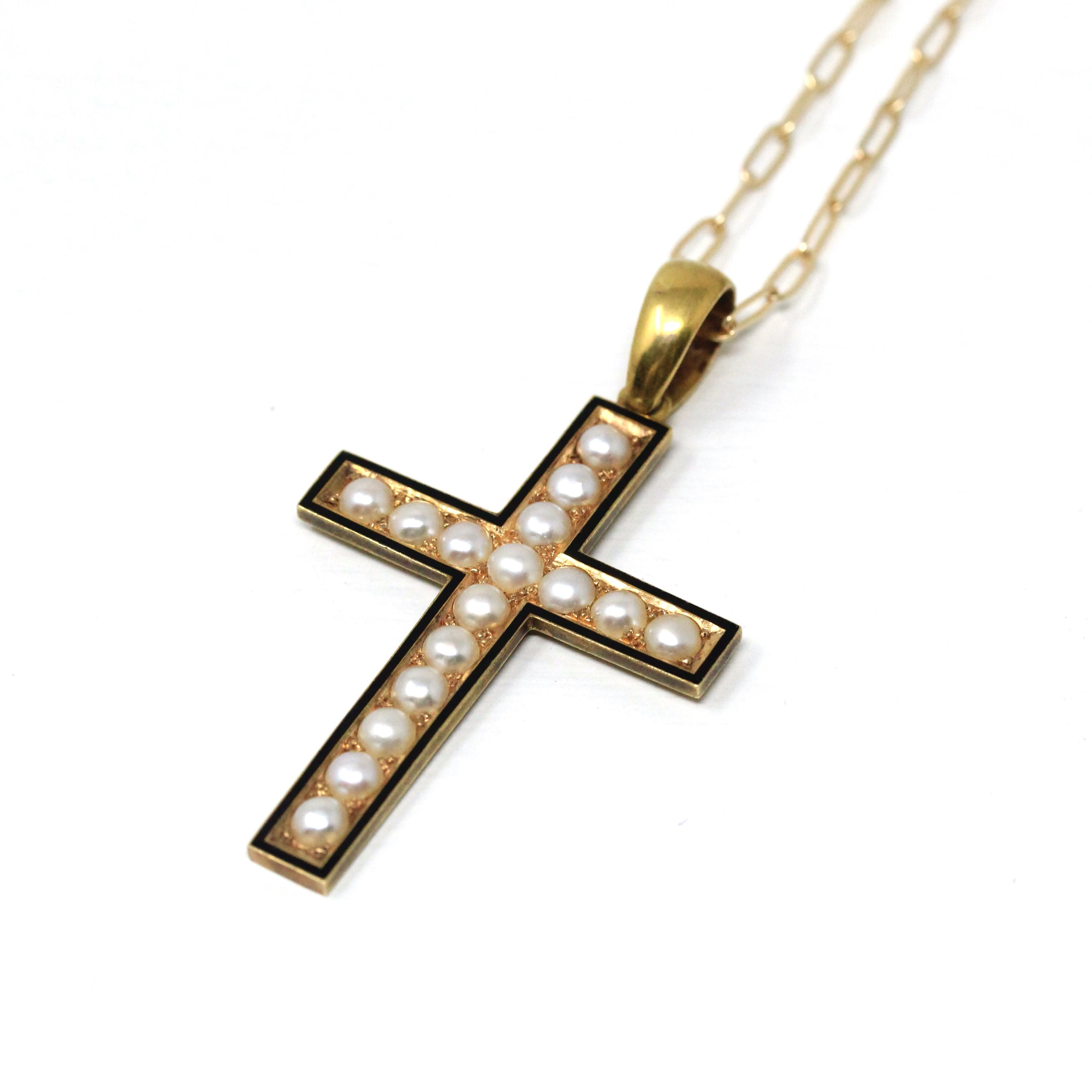 Antique Victorian Cross - Circa 1890s 14k Yellow Gold Seed Pearl
