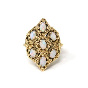 Retro Opal Cluster Ring - Vintage 14k Yellow Gold Natural Cabochon Cut Gemstones - Circa 1970s Size 6.5 Twisted Rope Fine Statement Jewelry