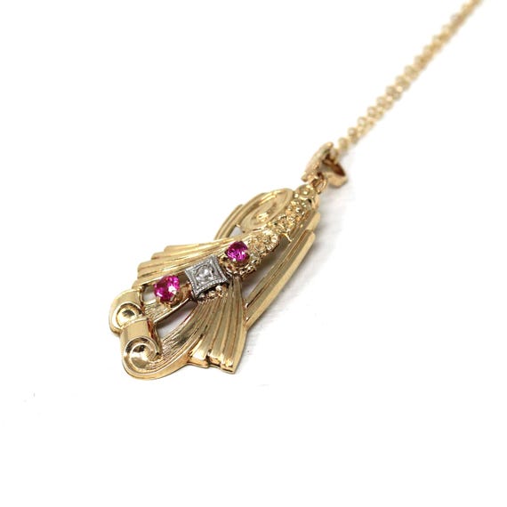 Retro Created Ruby Lavalier - 10k Yellow Gold Thr… - image 4