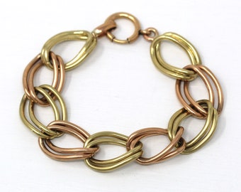 Vintage Chunky Bracelet - Retro 12k Yellow & Rose Gold Filled Two Tone Link - Circa 1940s Era Statement Fashion Accessory 7.5 Inch Jewelry