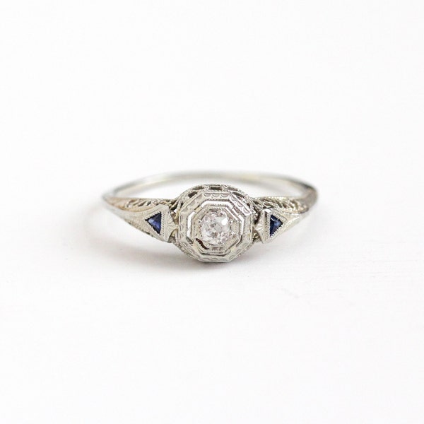 Antique 18K White Gold 1/10 CT Diamond & Created Blue Sapphire Ring - Vintage Art Deco 1920s Size 9 Filigree Engagement Wedding Fine Jewelry