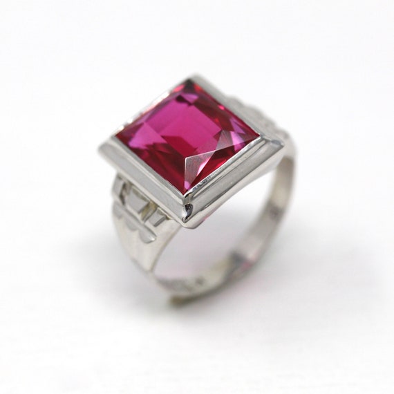 Sale - Created Ruby Ring - Art Deco 10k White Gol… - image 1