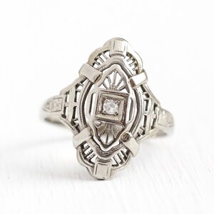 Sale - Vintage Filigree Ring - 14k White Gold Diamond Shield - Art Deco 1930s Size 6 Fine Statement Flower Embossed Open Metal Jewelry