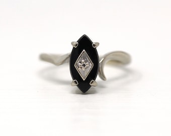 Sale - Onyx & Diamond Ring - Retro 10k White Gold Marquise Cut Black Genuine Gem - Vintage Circa 1960s Era Size 7 1/4 Statement Fine Jewelry