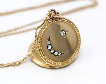 Star & Moon Locket - Antique Gold Filled Rhinestones Pendant Necklace Charm - Edwardian Circa 1900s Era Celestial Crescent Photo Jewelry