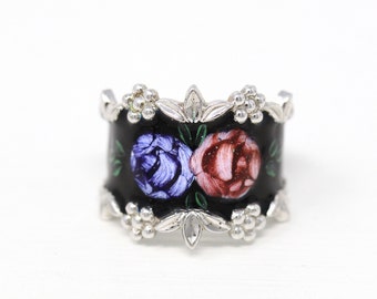 Vintage Blumenband – Retro Sterling Silber Schwarz Grün Emaille Ring – ca. 1960er Jahre Ära Größe 6,5 Rosa Lila Zigarrenstil Klobiger Schmuck