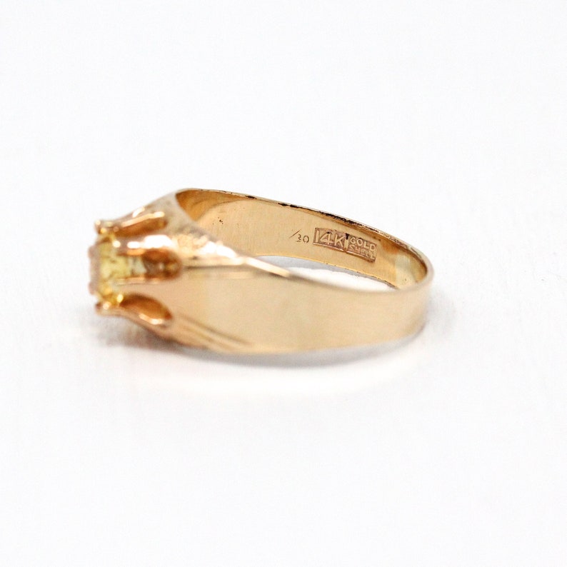 Vintage 1910 Sz 9 12 Engraved Unisex Jewelry Edwardian 14k Gold Shell Belcher Setting Genu .79 CT Gemstone Sale Antique Citrine Ring