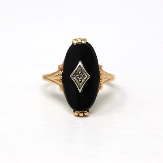 Onyx & Diamond Ring - Retro 10k Yellow Gold Oval … - image 1