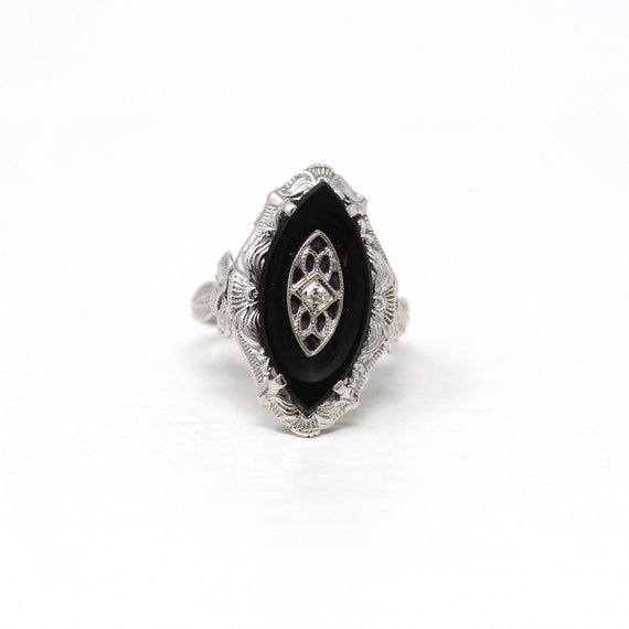 Sale - Onyx & Diamond Ring - Art Deco 14k White Go