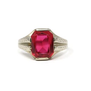 Created Ruby Ring - Art Deco 14k White Gold Emerald Cut Red Gemstone - Vintage Circa 1930s Size 7 1/2 July Birthstone Solitaire Fine Jewelry