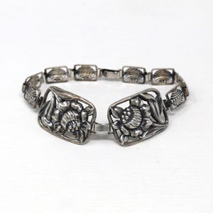Vintage Flower Bracelet - Retro Sterling Silver Floral Nature Inspired Panel Clasp Statement - Circa 1960s Era Fashion Accessory 60s Jewelry