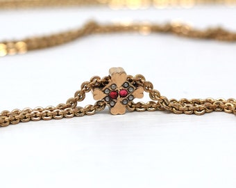 Sale - Antique Lorgnette Chain - Edwardian Gold Filled Simulated Rubies Seed Pearls Necklace - Circa 1910s Cable Link 4 Heart Charm Jewelry
