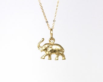 Estate Elephant Charm - Modern 14k Yellow Gold Cute Figural Animal Pendant Necklace - Circa 2000's Era Good Luck Symbolic Fine Y2K Jewelry