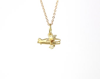 Estate Plane Charm - Modern 14k Yellow Gold Airplane Figural Aircraft Pendant Necklace - Circa 2000's Era Aviation Pilot Gift Fine Jewelry