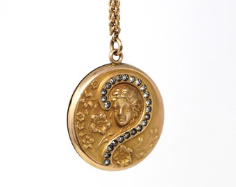 Sale - Gibson Girl Locket - Art Nouveau Gold Filled Question Mark Necklace - Antique Edwardian 1900s Era Flower Rhinestone Statement Jewelry