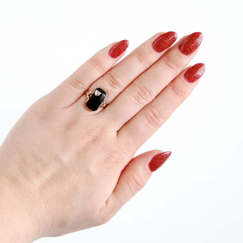 1940s Size 4 34 Rectangular Flower Fine Jewelry Sale Vintage Onyx Ring 10k Rosy Yellow Gold Diamond Black Gemstone Statement